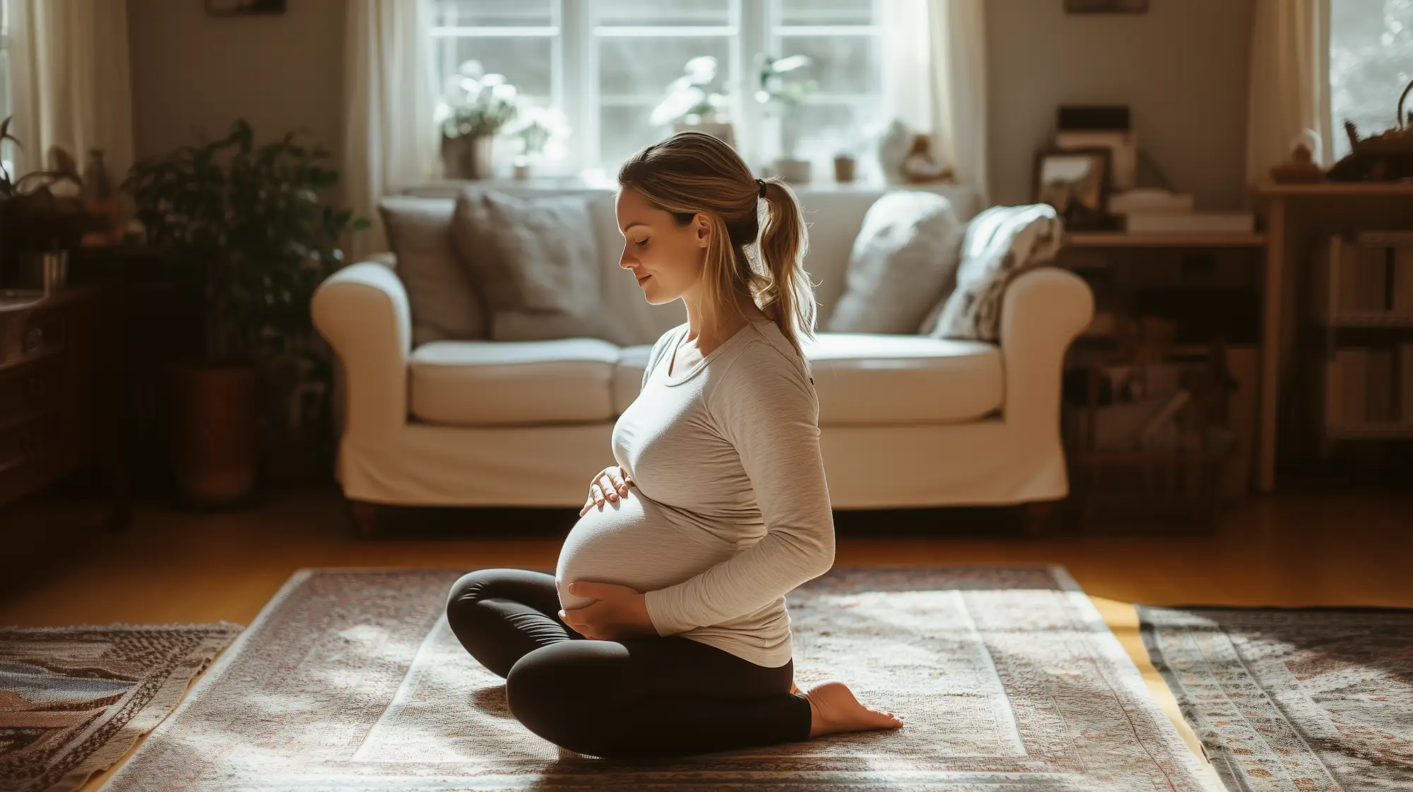 Pregnant woman doing leg stretches